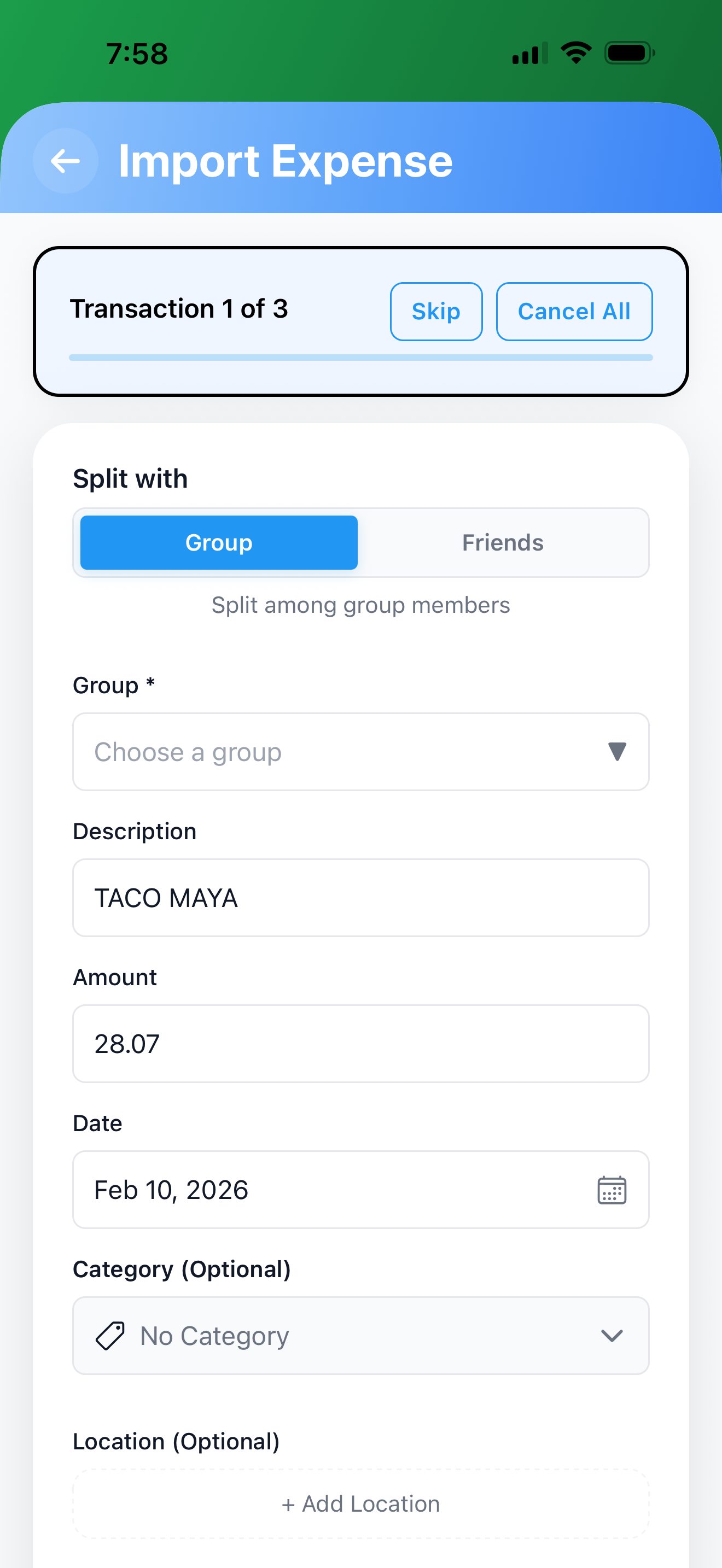 Import Expense form showing pre-filled transaction details
